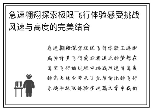 急速翱翔探索极限飞行体验感受挑战风速与高度的完美结合