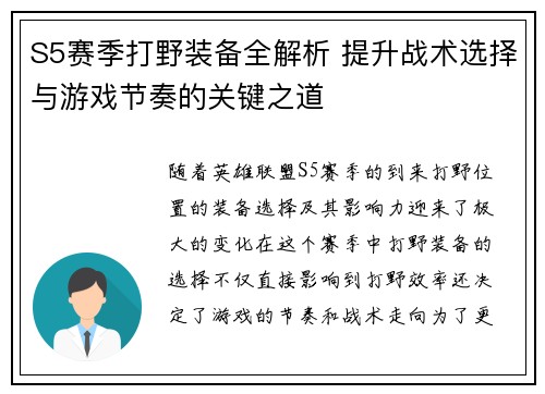 S5赛季打野装备全解析 提升战术选择与游戏节奏的关键之道